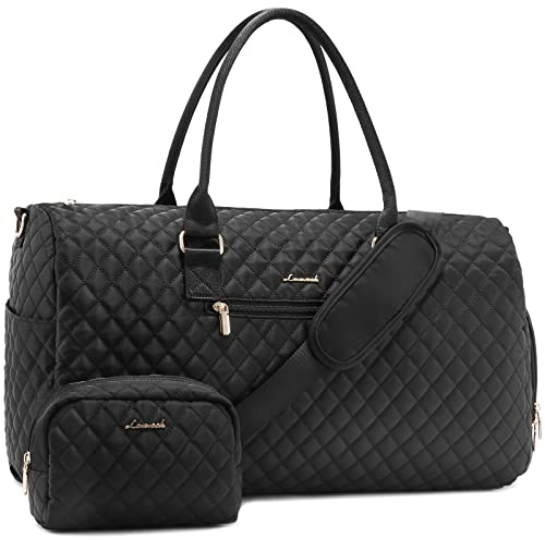 LOVEVOOK Travel Bags Gym Bag for Women, Weekend Hand Luggage Duffel Bag with Shoe Compartment & Wet Pocket for Sports, Waterproof Carry On Holdall for Plane Cabin, Large Hospital Overnight Bags, Black