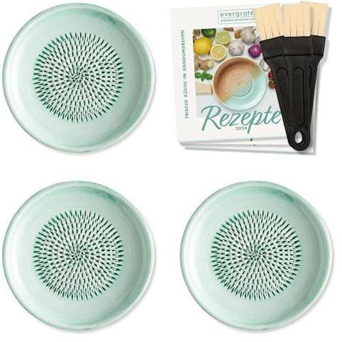 evergrate Keramikreibe 3er Verschenkset - 3 Tellerreiben Mint mit Küchenpinseln und Rezeptheften