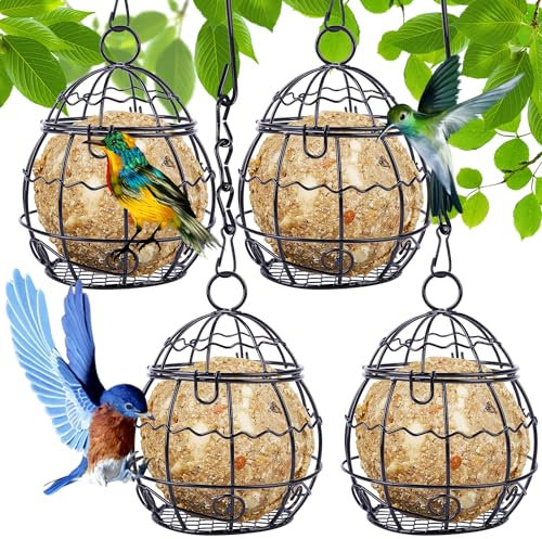 Fzyisw 4 Stück Meisenknödelhalter Vogelfutterstation 9,5 x 7cm Metall Vogelfutterspender zum Aufhängen, Meisenknödel Halter mit Haken, Futterspender Vögel für Wildvögel Garten