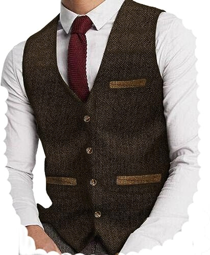 Yiaisafa Jaktvästar för män tweed västar retro fiskben vintage fodrad ull bröllop brudgum fodrad business S-3XL, Brun, XL