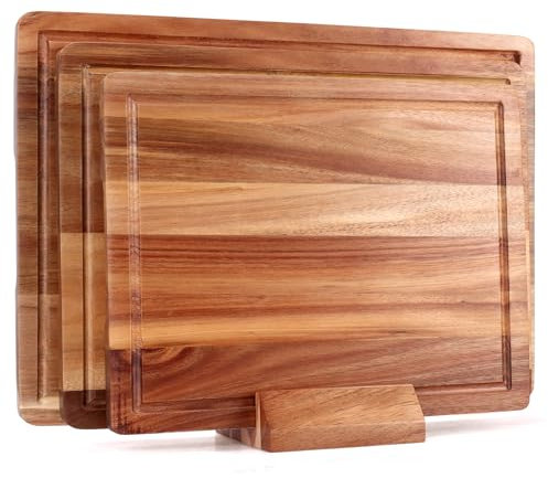 Lot de 3 planches à découper extra larges en bois d'acacia avec support pour fruits, charcuterie, pain, fromage, viande, planche à découper