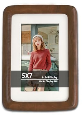 RRQKMBO 5x7 Picture Frame with Mat to 4x6, Natural Dark Walnut Wooden Handcrafted Frame Rounded Corner with Real Glass, Vertical or Horizontal Display for Photo Wall & Tabletop