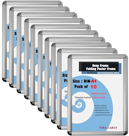 TUKA-i-AKUT 10x A4 Cadre à Clipser en Aluminium Coins Arrondis, Profilé Aluminium 25 mm Cadre pour Affiche Photo Poster, Cadre d'Affichage avec Matériel de Fixation, Argent Couleur TKD8421-A4-10X