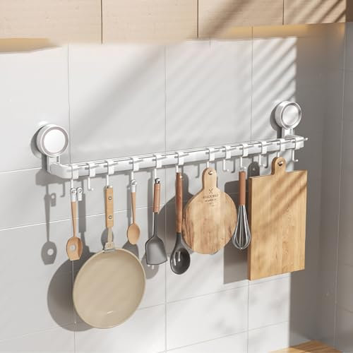Köksredskapshållare, Köksredskapshållare Sugkopp Väggmonterad köksredskapsställ for upphängning av kastruller och kastruller Förvaring Spatel Sked Stångshängare(With 12 Hooks 60cm)