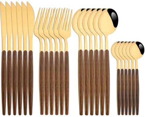 MYDESIDY 24 Pezzi di stoviglie in Argento Marrone in Acciaio Inox con Manico in Legno Finto Posate Coltello Cucchiaio forchetta Set di Posate da tavola