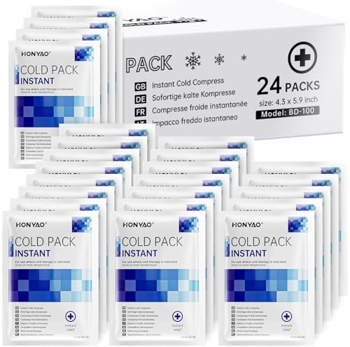 HONYAO Instant Ice Pack, 24 Packs Disposable Instant Cold Packs, Ice Packs for Sports Injuries, Cold Compress for Pain Relief, Swelling Inflammation Sprains Toothache, Athletes & Outdoor Activities