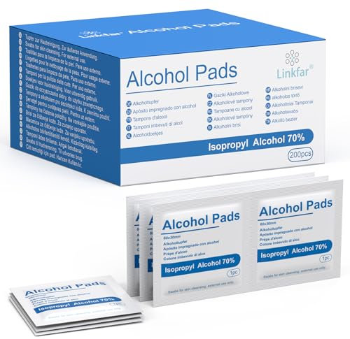 LINKFAR Lingettes nettoyantes alcool isopropylique 70% – 200 pcs – Lingettes pour nettoyage de la peau, hygiène quotidienne, voyage & bureau