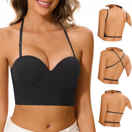 Zekeylin Reggiseni a Schiena Bassa-con Schiena Scoperta Invisibile e Ferretto - con Scollo Multiway Convertibili con Taglio Basso per Le Donne(Black, 3C)