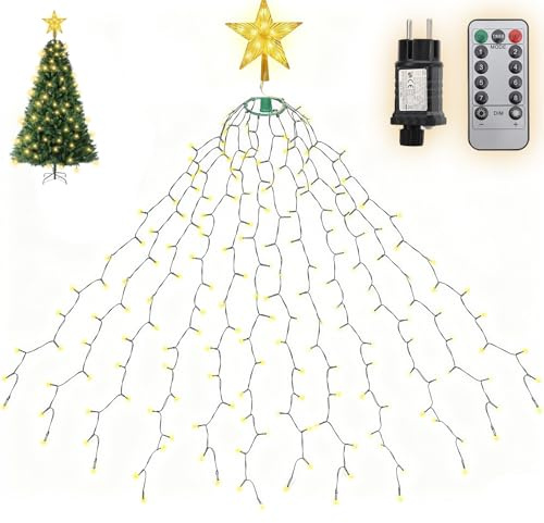 SALCAR Guirnalda de 2 m para árbol de Navidad con anillo, 12 guirnaldas y punta de árbol de Navidad con mando a distancia, 430 luces LED para árbol de Navidad de 150 cm a 240 cm, blanco cálido