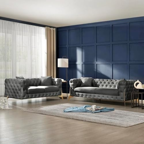 Snooze Luxury Plush Chesterfield Sofas and Couches - 3+2 Seater Sofa set, Arm chair – Tufted Cushions with Sturdy and Durable Gold Legs (Grey Plush, 2+3 Seater)