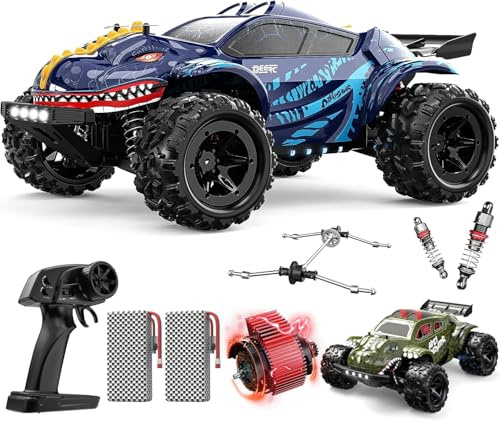 DEERC 9308E 1:16 fjärrstyrd monstertruck snabb bil 40 KPH, RC Dinosaurie lastbil 4 hjul höghastighetsdrivning, 2,4 GHz terrängbil med 2 batterier och 2 pojkskal