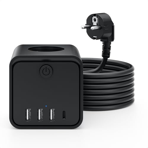 Steckdosenleiste, 7 in 1 Steckdosen mit USB, 3 Steckdosen, mit Schalter, 2 m, Steckdosenleiste mit USB, ideal für Wohnzimmer, Büro, Schlafzimmer