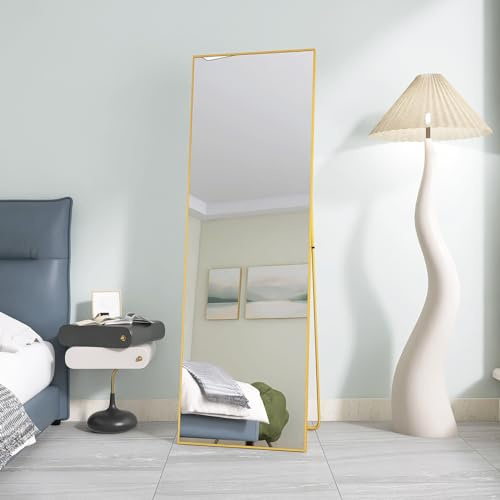 KRYZOR Rektangulär spegel, 162 x 53 cm, 2-i-1 väggspegel med svart aluminiumram, stor golvspegel för sömn, vardagsrum, klädkammare (guld, 162 x 53 cm)