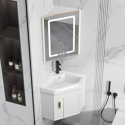 GSATREY Väggmonterat hörnhandfat med kran, handgjort keramiskt handfat, med handfat och spegel, enkel design, lätt att installera och rengöra, för badrum omklädningsrum toalett (vit, 38 cm/15 tum)