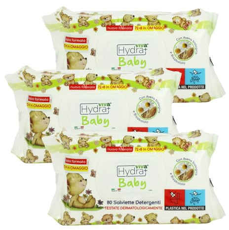 Hydra Viva+ Salviette Baby Detergenti con Avena biologica e Bisabololo 3 CF - con Clip, per Bambini, Umidifciate, Cambio Pannolino, Dermatologicamente Testate, Proprietà Lenitive - Made in Italy