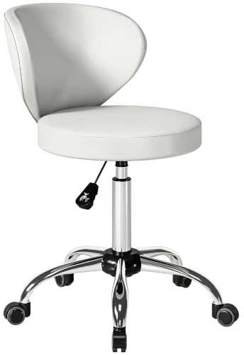 HOMCOM Tabouret à roulettes, Hauteur Réglable 73-88cm Dossier Blanc | Tabouret de Massage en PU, Chaise de Travail Pivotant 360°, Cadre en Acier, pour Salon de Massage, Tatouage, Clinique, Spa
