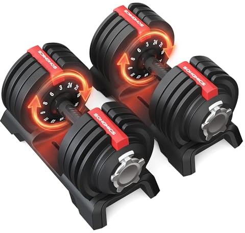 SONGMICS Hantlar 2-pack, justerbara hantlar 12-i-1, 3 kg till 24 kg, platsbesparande, halkfritt grepp, med stativ, fitness och styrketräning för hemmet, svart-röd SYL548R101