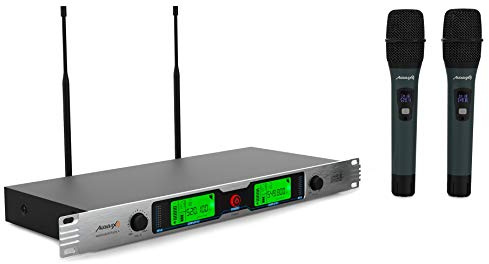Audibax Missouri Rack A - Micrófono Inalámbrico Profesional UHF - 2 Micrófonos de Mano - Receptor para Montaje en Rack de 19 - Micrófonos Dinámicos en Aleación de Aluminio