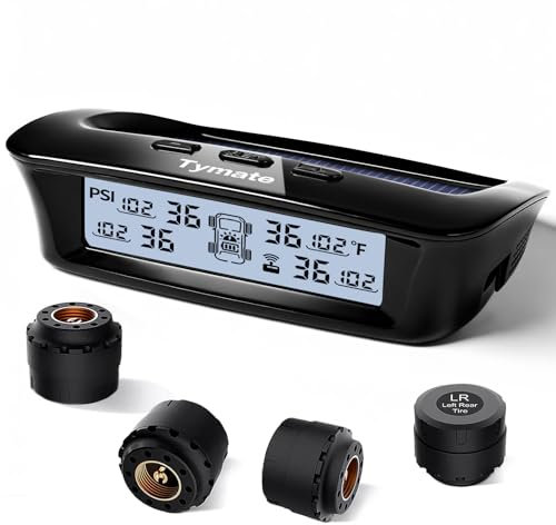 Tymate RV Tire Pressure Monitoring System - M12-3 Tire Pressure Monitor System (0-87 PSI) with Solar Charge, 5 Alarm Modes, Auto Sleep Mode, LCD Display, RV TPMS with 4 Sensors, Easy to Install