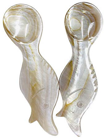 Gewene 2 cucharas de caviar hechas a mano, tuerca de perlas, cuchara de caviar, mango redondo, para servir huevos de caviar (color café, 9 x 2,5 cm)