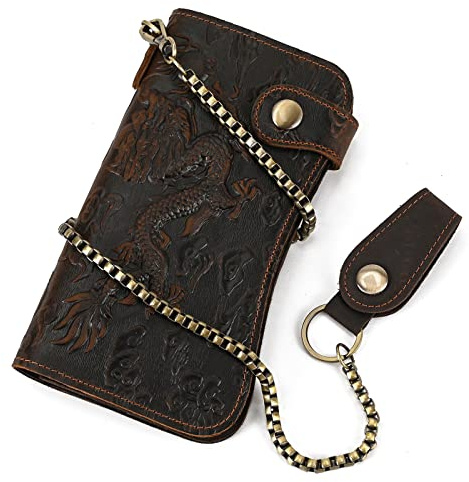 LUUFAN Mens Leather Long Bifold Wallet with Chain, Biker Wallet Vintage Chain Wallet with Zipper Pocket (Dragon-Dark Brown)