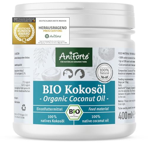 AniForte Bio Kokosöl für Hunde & Katzen 400 ml Lebensmittelqualität - Erste Kaltpressung, Nativ, Unraffiniert, Hoher Laurinsäure Gehalt, Pflege für Fell, Pfote & Haut, biologischer Anbau, Barf Zusatz