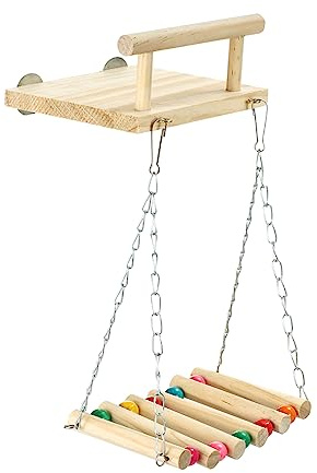 Perchoirs pour oiseaux, plate-forme en bois Support d'exercice avec balançoire et grande roue à mâcher pour perruches, conures, calopsittes et colibris (style C)