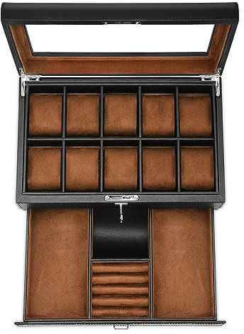 HELMDY Leder Uhrenbox mit Schublade-10 Schlitze Verriegelung Schmuck Uhren Halter für Männer-Luxus-Uhrenkasten Display Organizer-2 Tier Organizer Uhr Vitrine-Aufbewahrung Fall