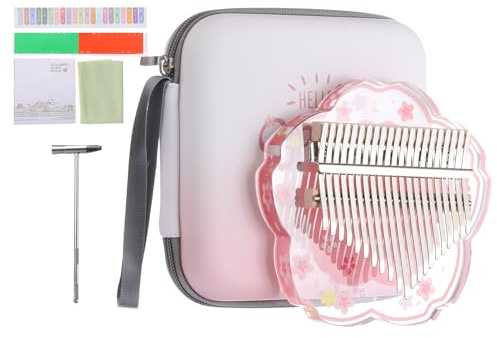 sourcing map 21 Keys Thumb Piano,Transparent Pink Flower Portable Finger Piano with Carry Box Musical Note Stickers Tuning Hammer Cleaning Cloth Gifts