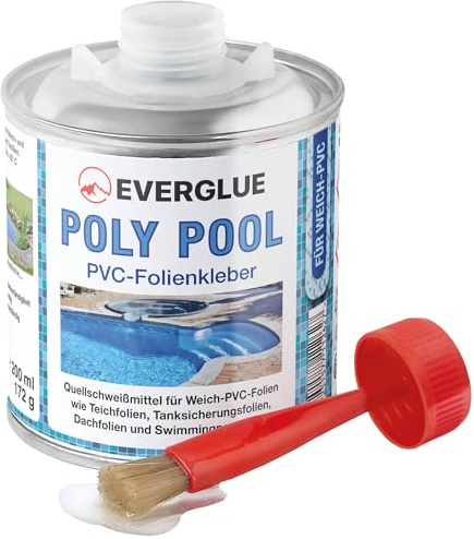 Everglue Poly Pool PVC-Folienkleber Quellschweißmittel bis +90°C temperaturbeständig elastisch wasserbeständig 200ml Pinseldose transparent