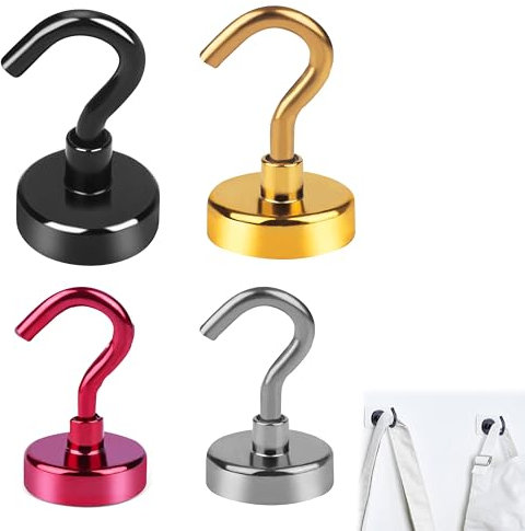 KEPYATI 4 Crochets Magnétiques,Crochet Aimanté Néodyme,Crochet Aimant Puissant, Aimants Super Forts Avec Crochets Pour Cuisine Casiers De Bureau Aimant De Réfrigérateur (Noir)