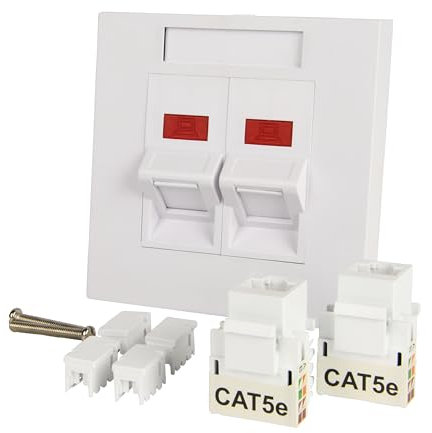 Labgear Prise murale double angle Keystone Ethernet CAT5e RJ45 Blanc avec inserts de couleur assortie 86 x 86 mm