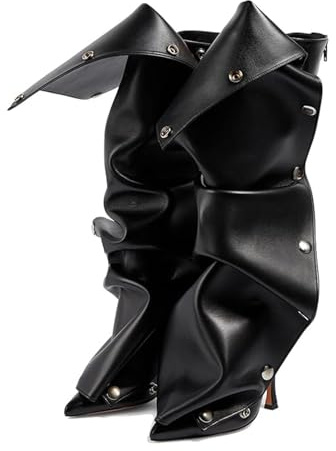 KaroNairy Black Knee High Boots for Women Pointed Toe Stiletto High Heel Boot Detachable Snap-off Panel Fold Over Fall Shark Boots7