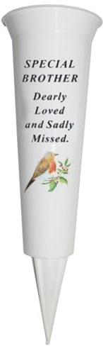 Maceta conmemorativa para tumba, 33 cm de alto, resistente, color blanco, con imagen de espiga y petirrojo (Brother 8767)