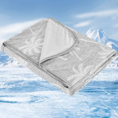 VK·LIVING Cooling Blanket for Night Sweats, Double-Sided Cooling Blanket with Q-Max 0.5 & Tropical Design, Lightweight Breathable Summer Throw Blanket for Bed, Sofa, Trave, 130x150cm, Gray