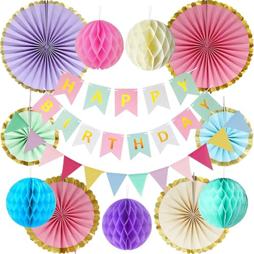 Pastel Birthday Party Decoration, Macaron Happy Birthday Paper Party Decoration for Girl Woman with Happy Birthday Banner Bunting Hanging Paper Fans, Girls Women Pastel Birthday Honeycomb Decoration