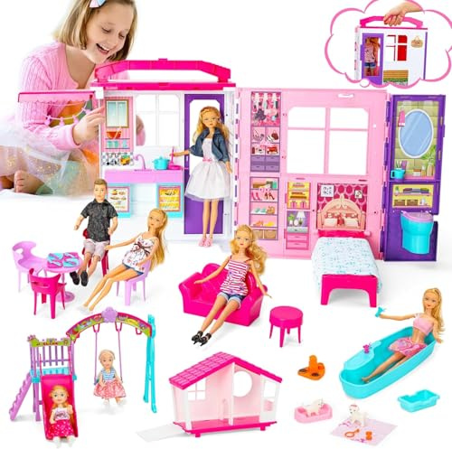 Foldable Dollhouse Gift Set for Dolls and Barbie – Über 60 Zubehörteile mit Möbeln, 2 kleine Puppen, Haustierhaus & Outdoor-Spiel – Tragbares Spielhaus – Für 29 cm Modepuppen (Nicht enthalten)