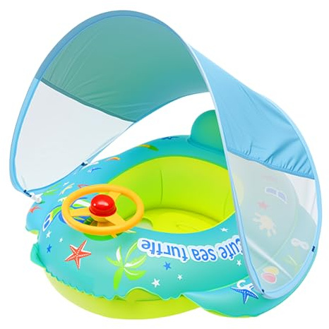 ACTOYS Bouee Bebe Piscine, Bouée Bébé avec Pare Soleil, Anneaux de Natation Bebe, Bouée Gonflable avec Volant, Bouée Siège Gonflable, Bébé Siège de Piscine, Jouet Piscine 3 Mois à 48 Mois (Plage)