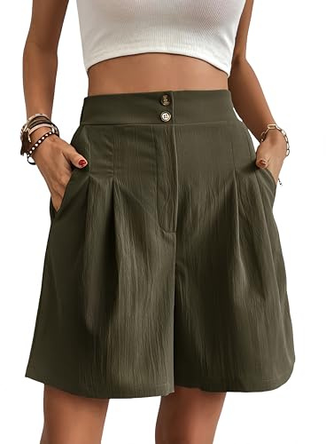 Belriviere Short Bermuda d'été pour femme - Pantalon ample - Jambe large - Décontracté - Taille haute - Mode tendance - Avec poches, vert militaire, XL