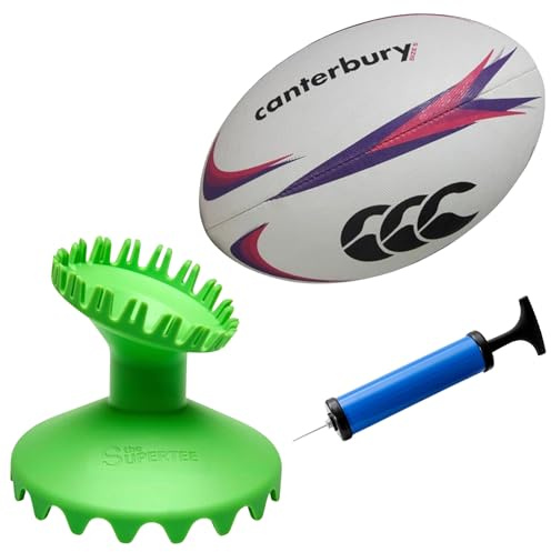 Dan Carter King Supertee Rugby Kicking Tee Training Equipment Bundle - Professional Rugby Kicking Tee with Canterbury Size 5 Ball & Pump - Complete Practice Kit for Matches & Traning