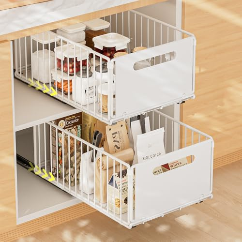 Carastek Organizador de cajones de cocina extraíbles telescópicos de 2 piezas, organizador de armario extraíble fijo con película nanoadhesiva, cesta deslizante para cocina sin taladrar ni clavar