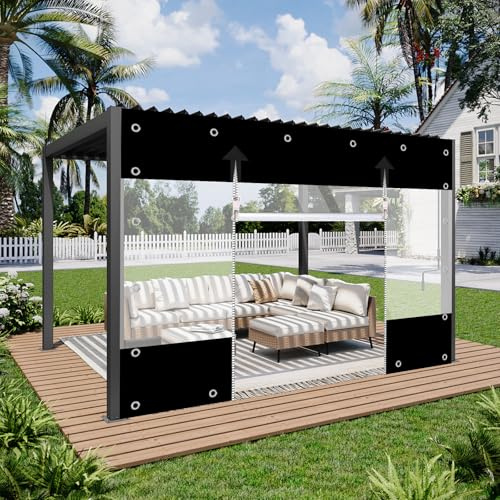 Lona transparente, lona de PVC de 650 g/m², cortina para exteriores con cremallera, lona impermeable, protección contra el viento y la lluvia para cenadores, balcones, terrazas (negro, altura 3 m x