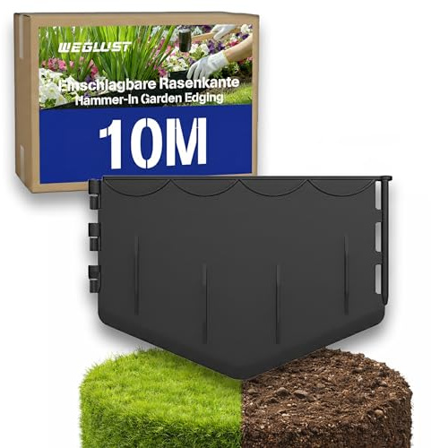 WEGLUST Borde para césped de plástico, fácil de procesar, estable y flexible, borde invisible para parterres, plástico reciclado (10 metros)