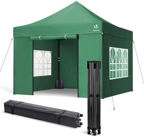 VOUNOT® Carpa Plegable Gazebo 3x3m Reforzado con 4 Paredes Laterales Sacos Arena y Bolsa de Transporte Cenador Resistente Pabellón de Jardín para Camping, Fiestas, Exterior, Color Verde