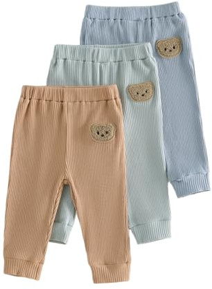 Unisex Newborn Baby Boys Fall Trousers Set 3 Pack Cute Bear Embroidery Solid Color Knitted Joggers Ribbed Bottoms Casual Comfy Stretchy Leggings