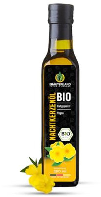 Kräuterland Bio Nachtkerzenöl 250ml - Nachtkerzensamenöl, kaltgepresst, naturrein, vegan - Speiseöl zum Kochen & pur Einnehmen, auch in weiteren Flaschengrößen 500ml & 1 Liter - Premium Qualität