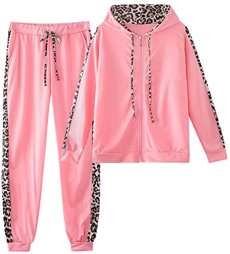 amropi Traingsanzug Damen Jogginganzug Leopard Kapuzenpullover Lange Ärmel Top + Hose Sportanzug 2 Stück (Rosa,M)