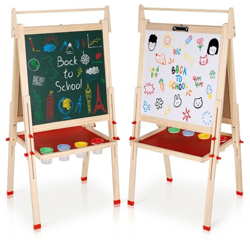 EAQ Kids Easel,Height Adjustable Wooden Art Easel,Whiteboard Chalkboard with Paper Roll Holder, Chalk Board for Kids,Best Birthday Gift for Kids (Wood)