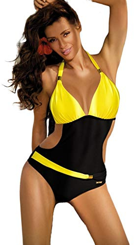 JFAN Costume da Bagno Donna Estivo con Scollo A V Bikini alla Moda di Un Pezzo Blocco di Colore Slim Halter Siamese Senza Schienale Costume da Bagno Giallo L