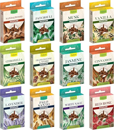 Tulasi Backflow Incense Cones with Natural Oils, Scents Set of 12 Fragrances (120 Cones) Calming Home Aromatherapy, Yoga, Meditation, Relaxing, Mixed Scents with Natural Oils